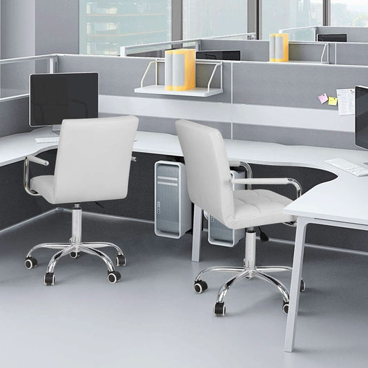 White PU Leather Desk Chair With Wheels Mid Back Office Chair