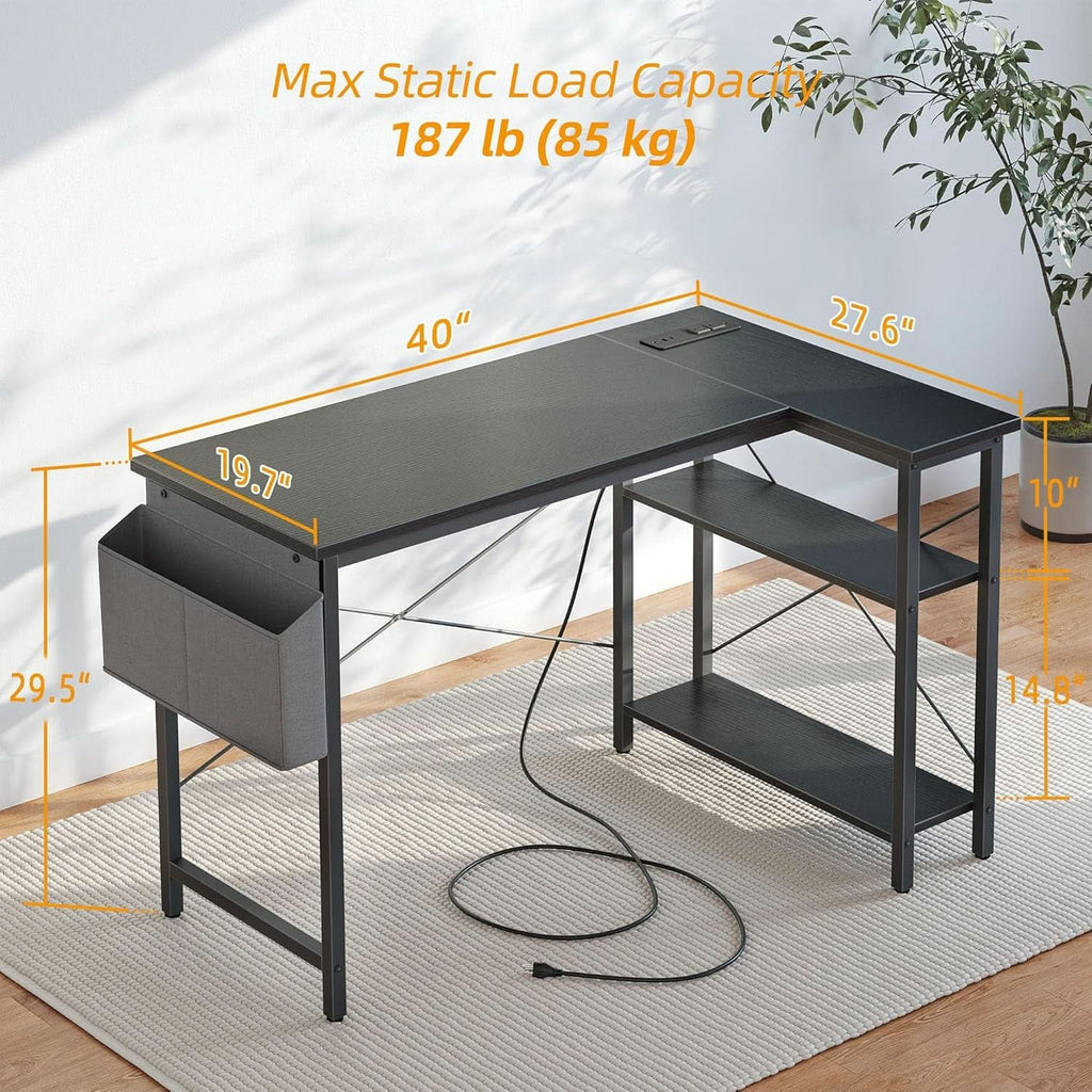 40 Inch L Shaped Computer Desk With Power Outlets Black