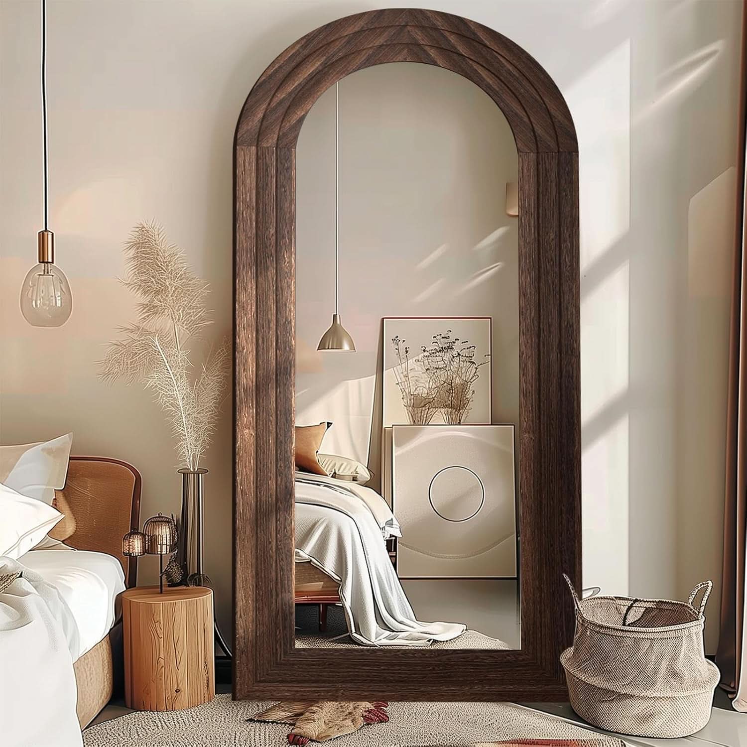 Arched Full Length Mirror 71x32 Inch Brown Solid Wood Frame