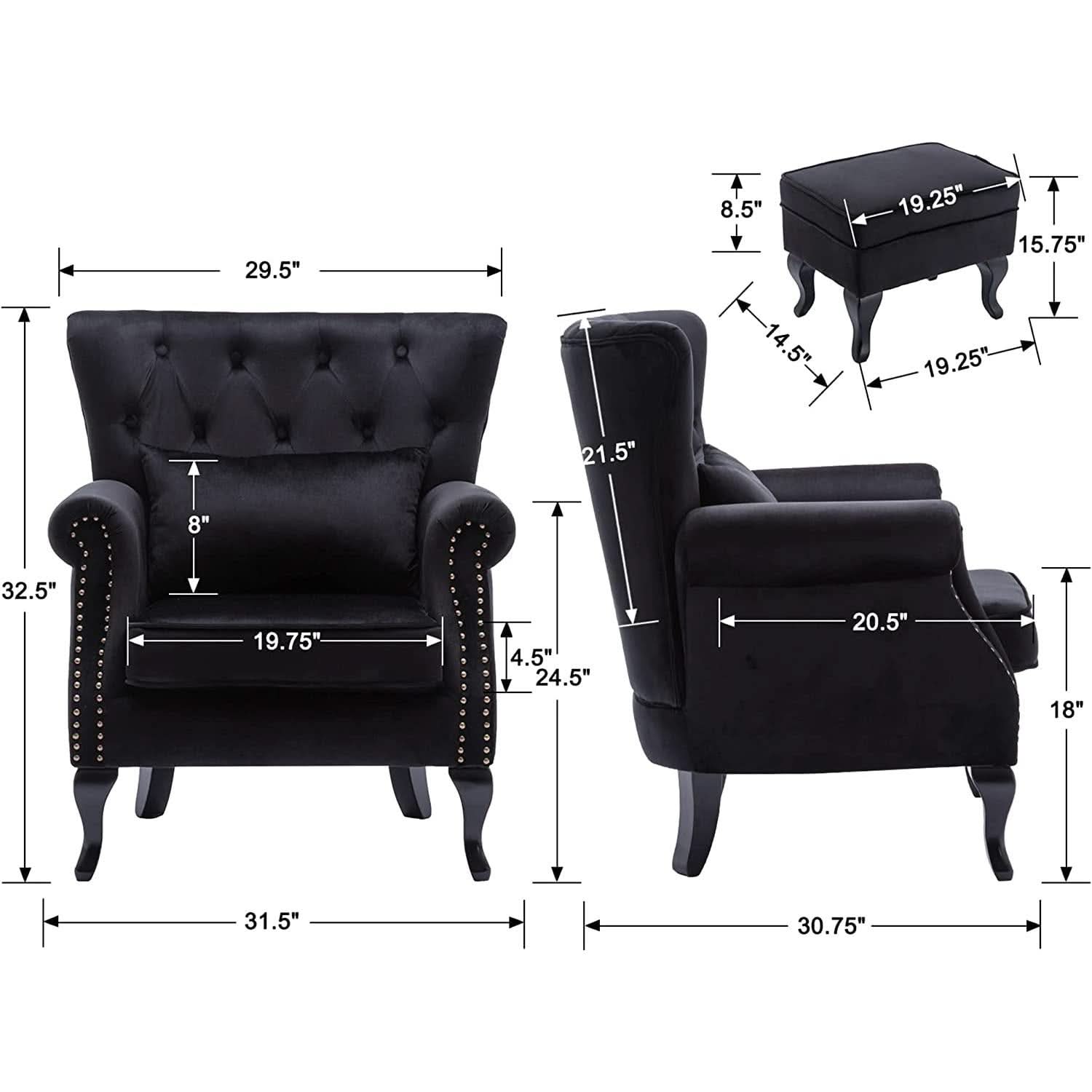 Elegant Black Velvet Wingback Chair With Ottoman Set