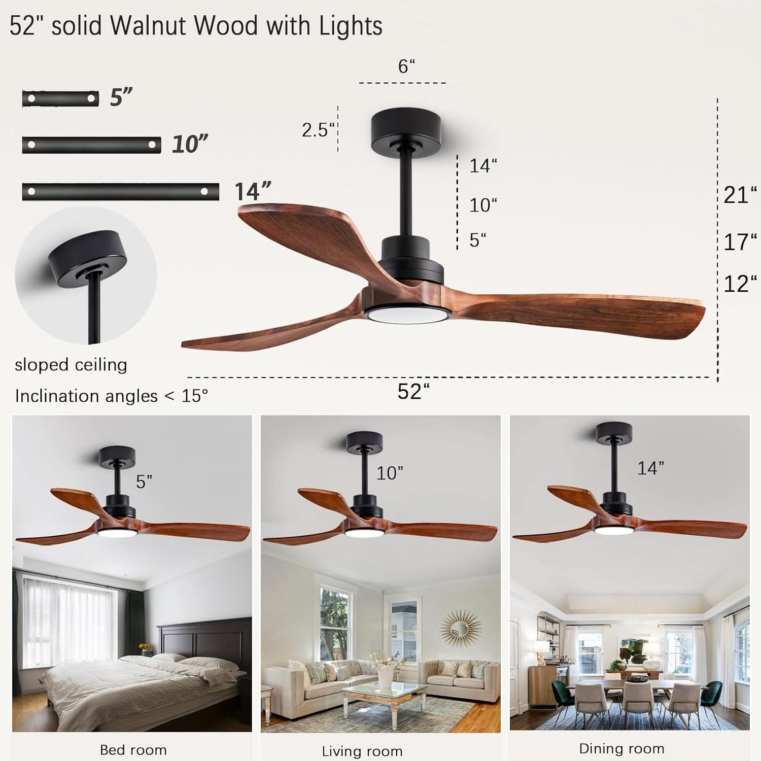 52 Inch Solid Wood Ceiling Fan With Light And Remote