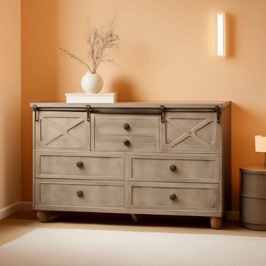 Six Drawer Dresser Rustic Oakwood Sliding BarnDoor