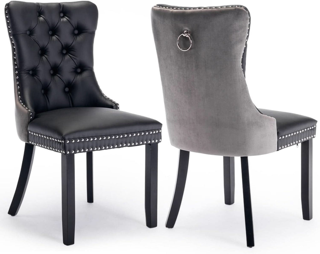 Leather Dining Chairs Set of 2 Black Nailhead Trim