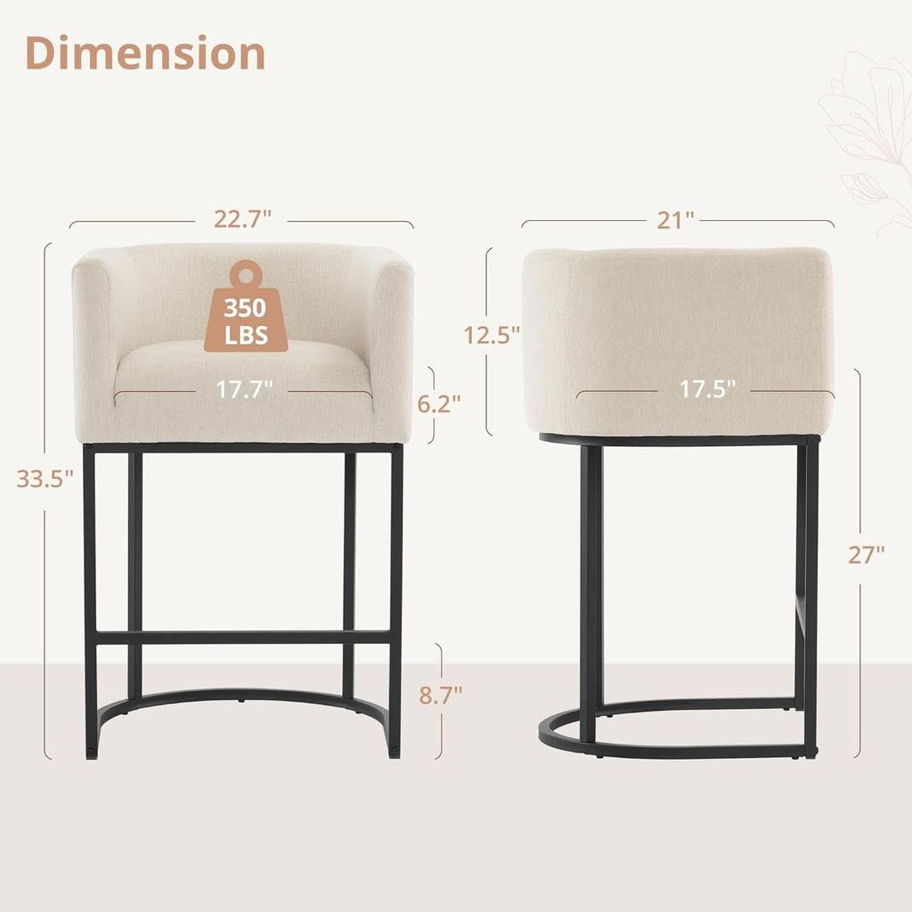 27 Inch Counter Height Bar Stool With Backrest And Armrests, Linen Upholstery, Black Metal Frame
