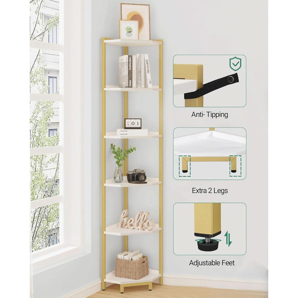6-Tier Corner Shelf Stand White Gold Finish For Living Room