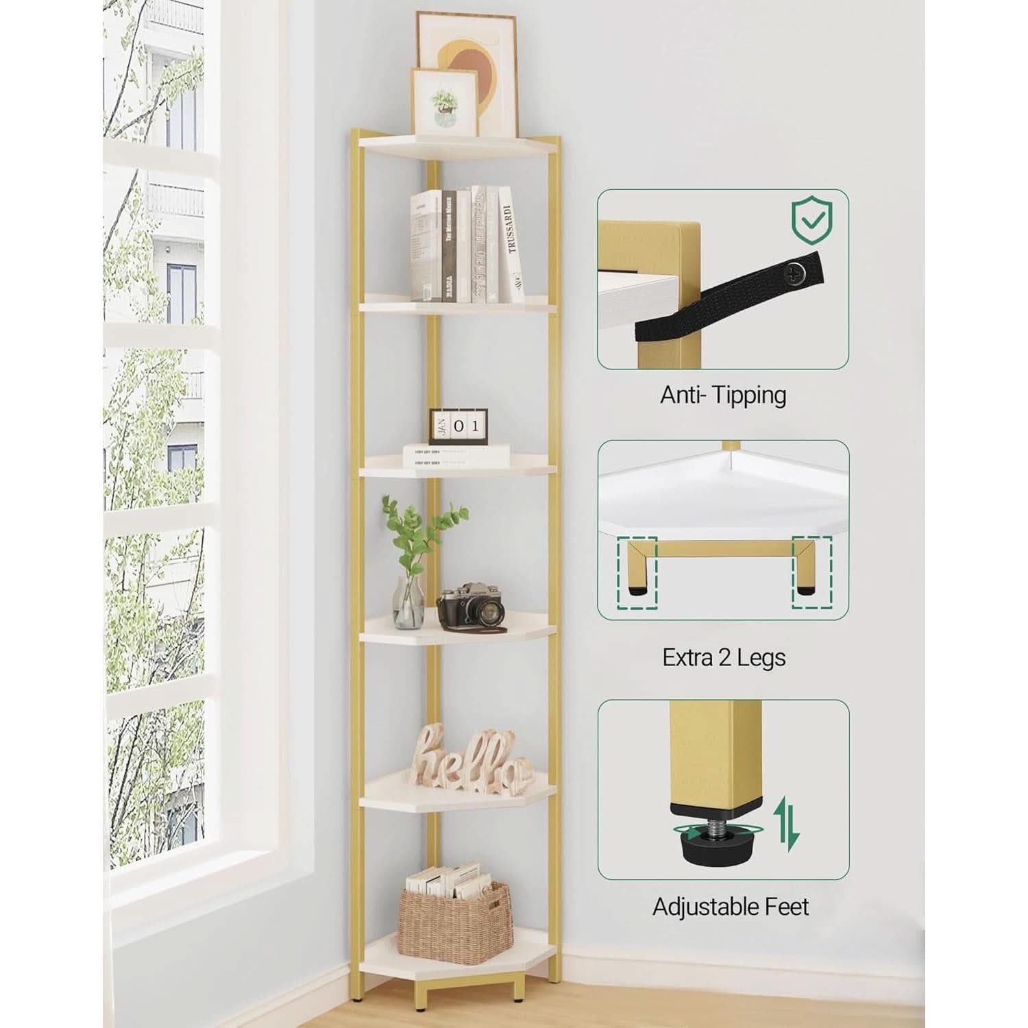 6-Tier Corner Shelf Stand White Gold Finish For Living Room