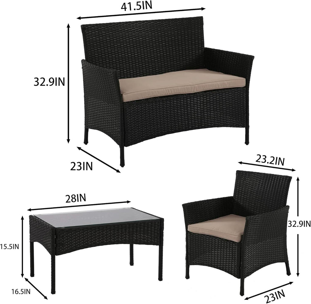 4 Piece Rattan Patio Set With Glass Table Black Cushions