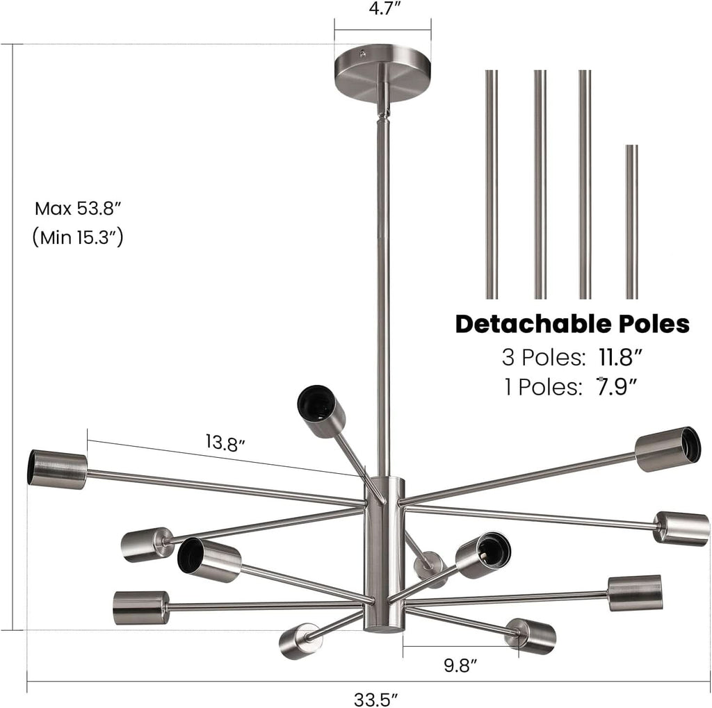Sputnik 12 Light Brushed Nickel Chandelier For Dining Room