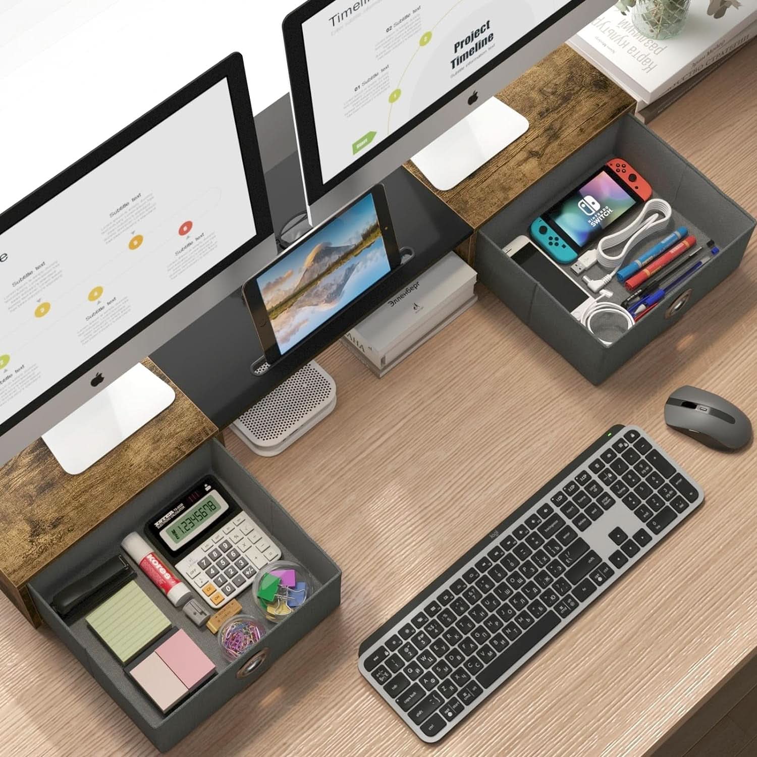 Dual Monitor Stand Riser For Two Monitors With Two Drawers