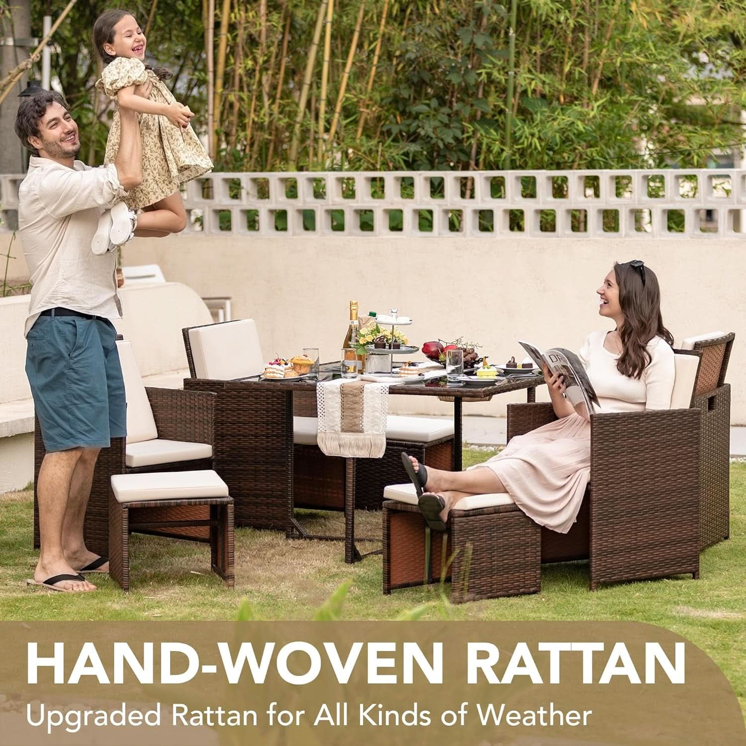 9 Piece Outdoor Patio Dining Set Rattan Chairs With Glass Table Beige Cushioned