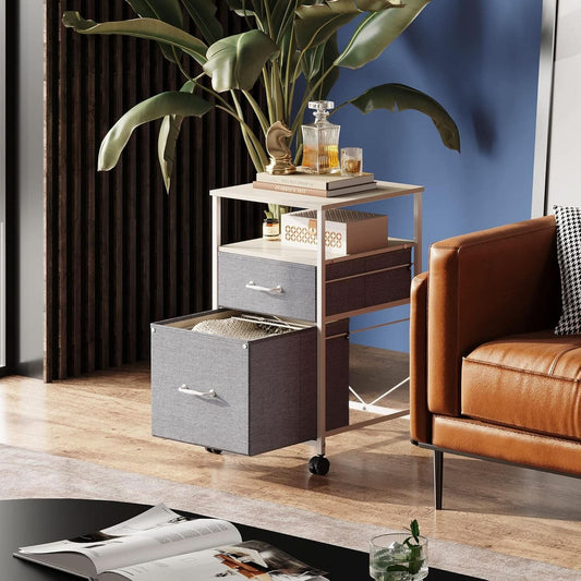 2 Drawer Mobile File Cabinet Rolling Printer Stand With Open Storage Shelf Light Grey