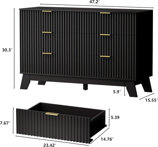 6 Drawer Dresser In Natural Wood With Fluted Front And Gold Handles