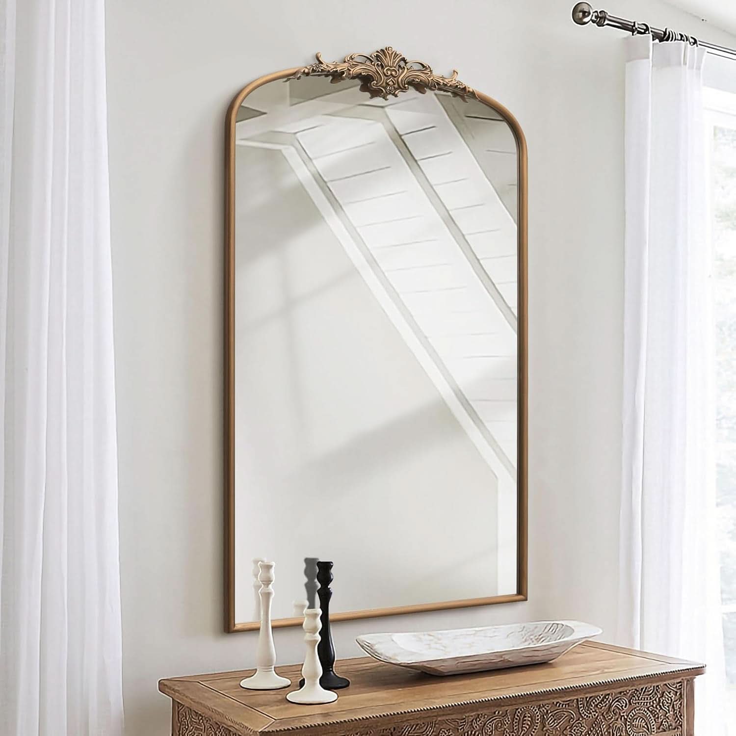 Arched Gold Baroque Mirror 42x24 Inch Wall Mounted