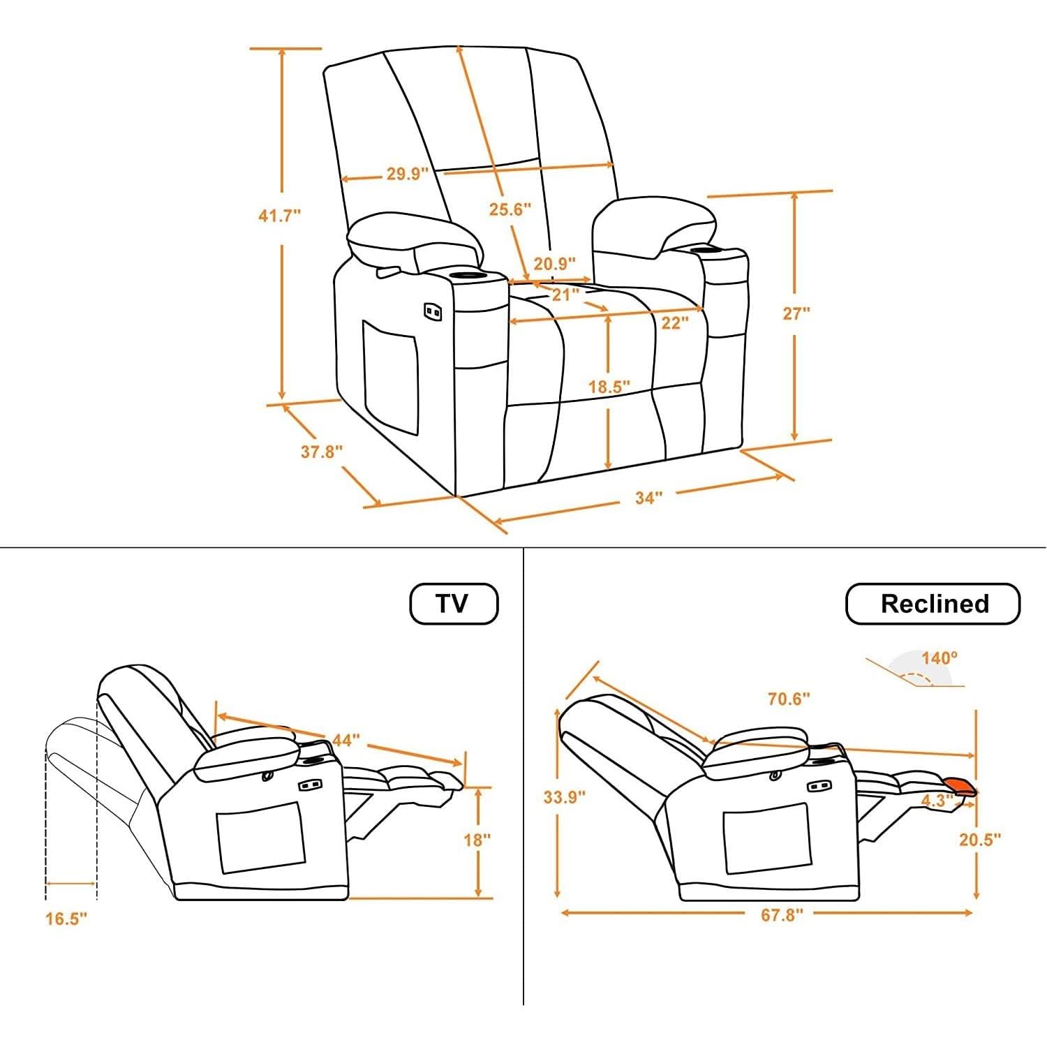 Fabric Electric Recliner Chair With Heat Remote Control
