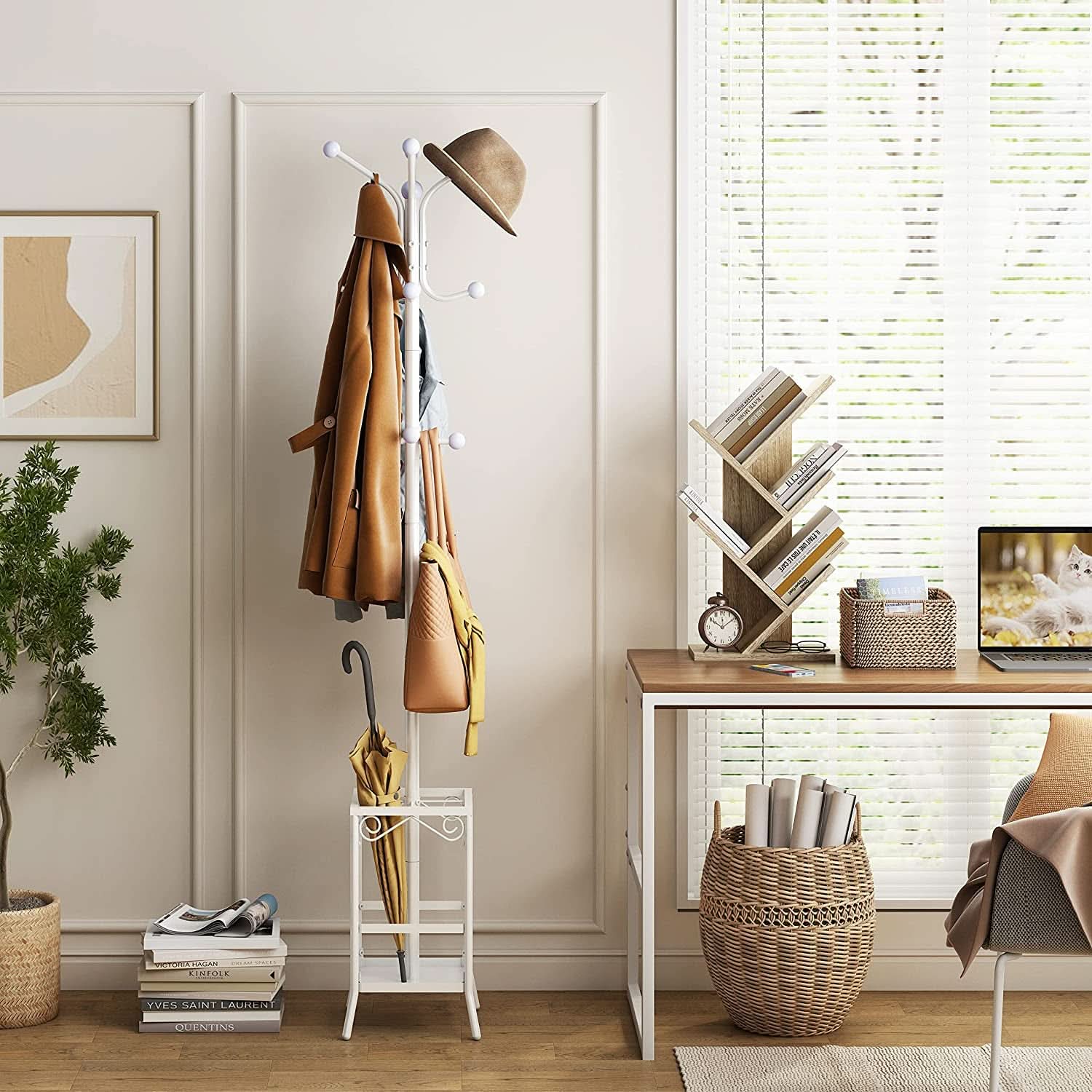 Greige 4 Tier Tree Bookshelf Modern Storage Bookcase
