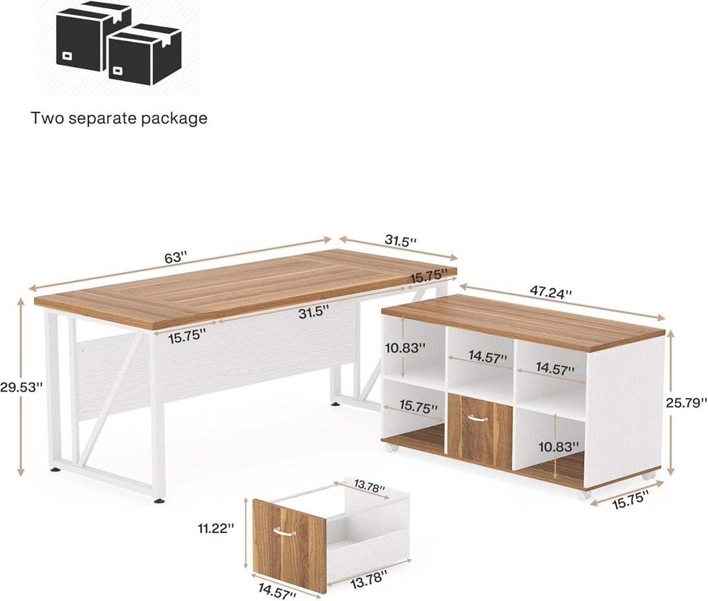 63 Inch L Desk With File Cabinet Walnut White Finish