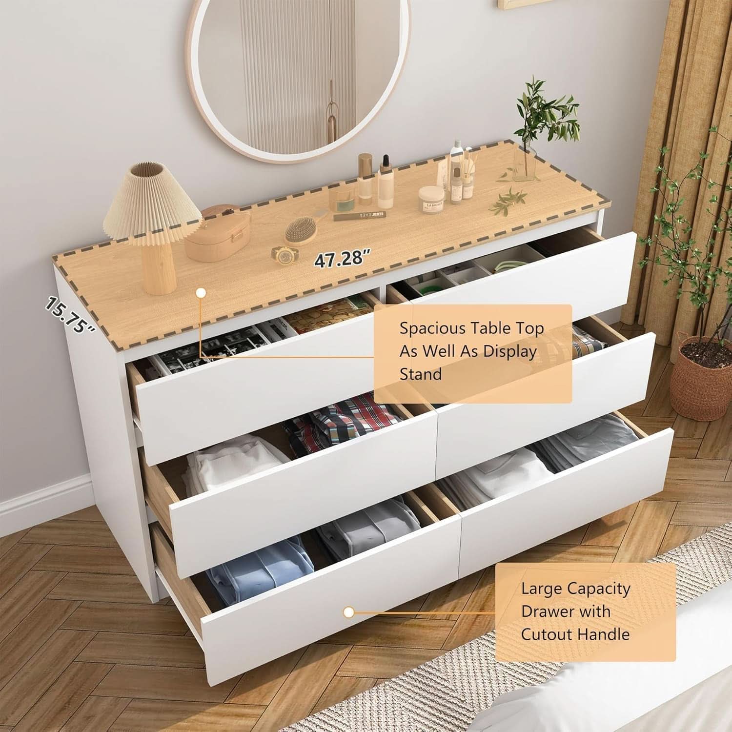 White Forty Seven Inch Six Drawer Dresser Wood Top