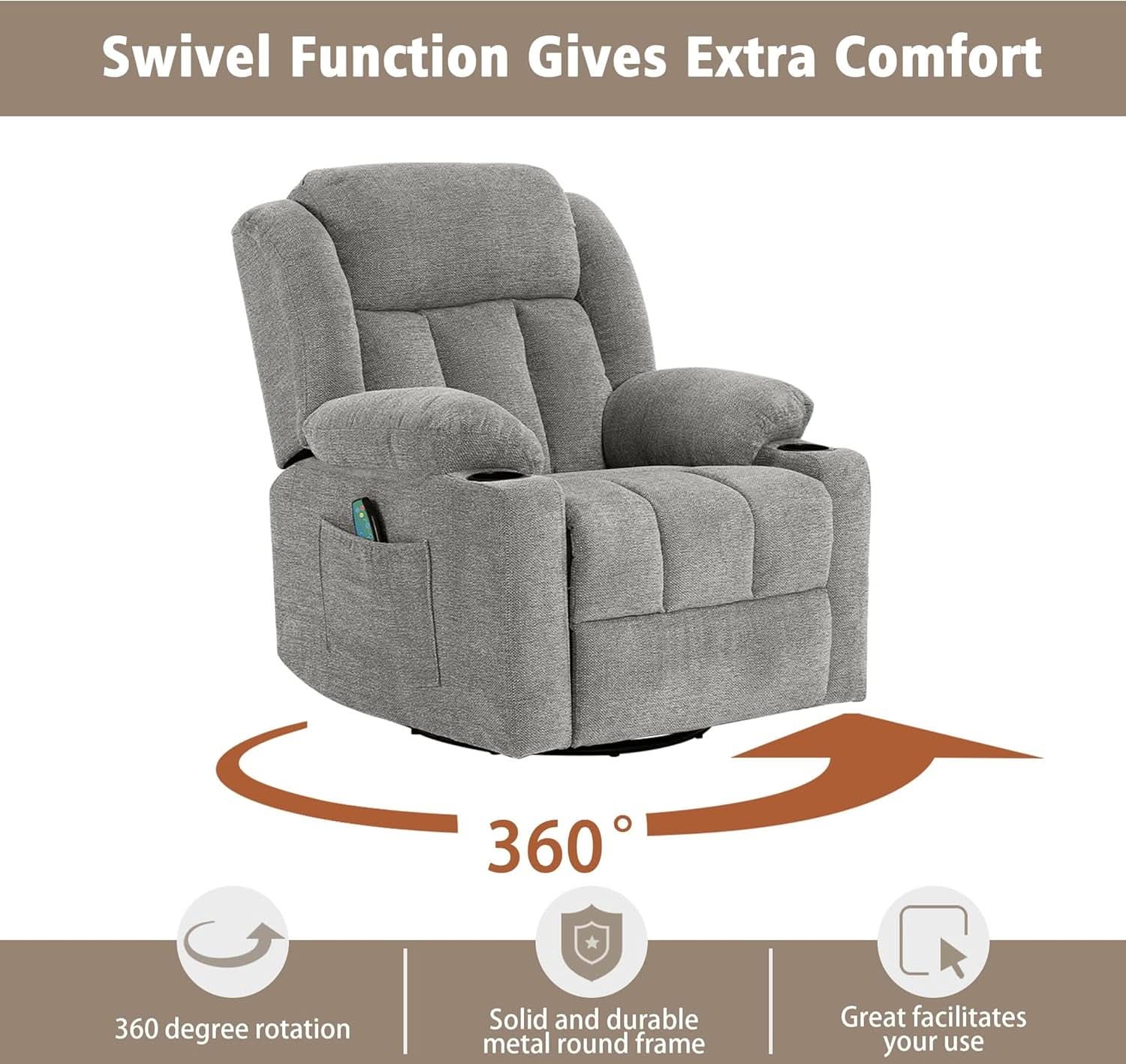 Large Rocker Swivel Recliner Chair With Massage And Heat