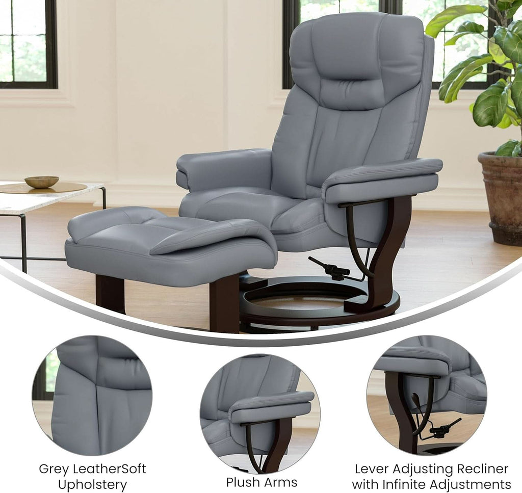 Gray Recliner With Swivel Mahogany Base And Ottoman