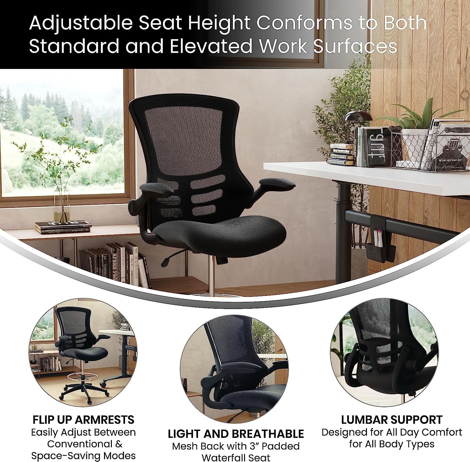 Kelista Mid Back Swivel Office Chair With Flip Up Armrests And Adjustable Height