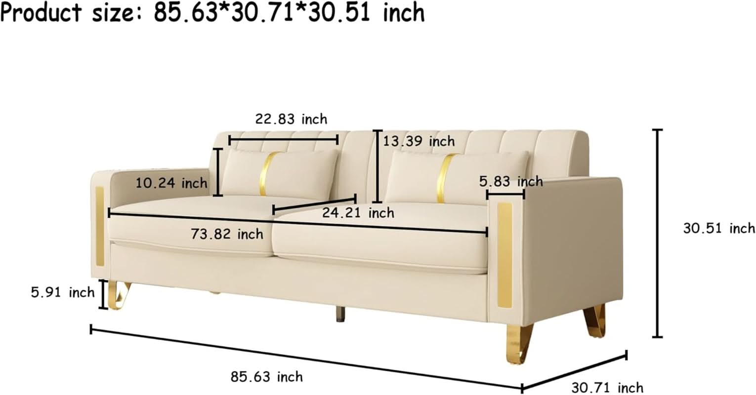 86 Inch Loveseat Sofa Set With Gold Metal Legs Beige Velvet Upholstery For Living Room