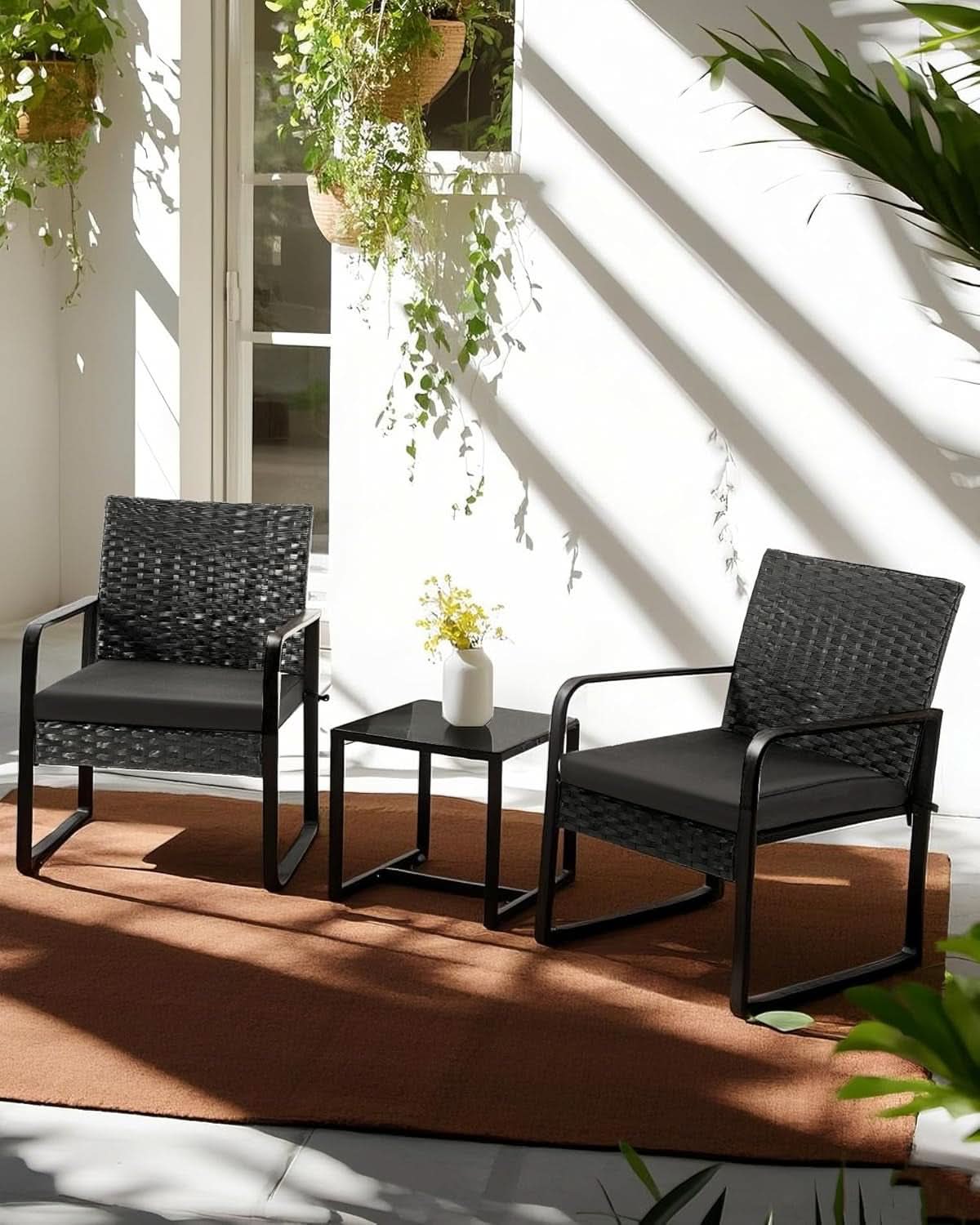 3 Piece Outdoor Patio Furniture Set Wicker Conversation Set With Glass Coffee Table