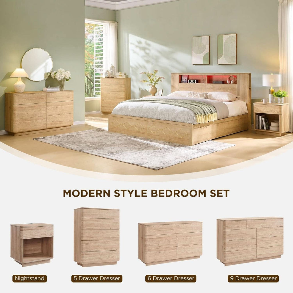 Contemporary 52 Inch Wide Nine Drawer Dresser Oak Finish