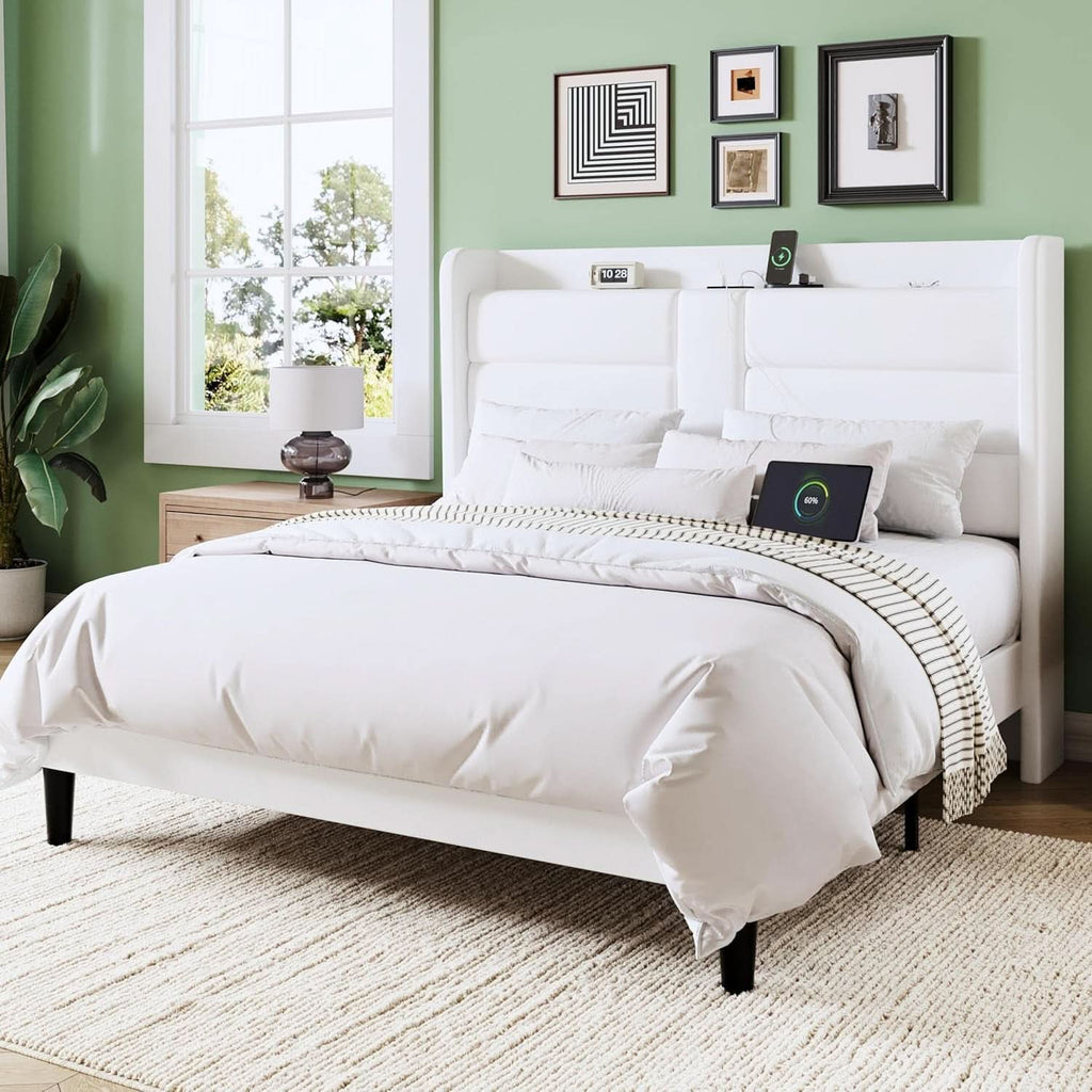 Full Size Platform Bed Frame With USB Charging Station And Storage Headboard