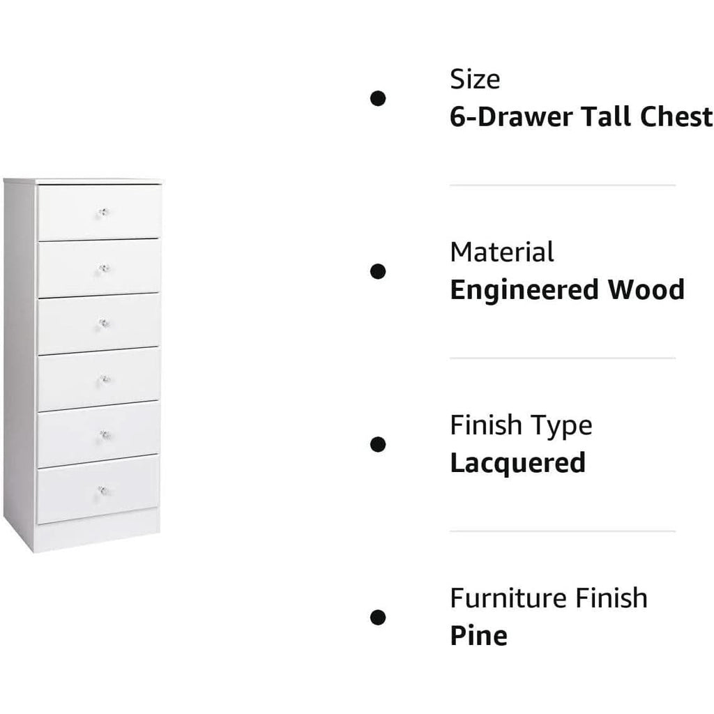 6-Drawer Tall Chest Dresser With Acrylic Knobs Solid Wood