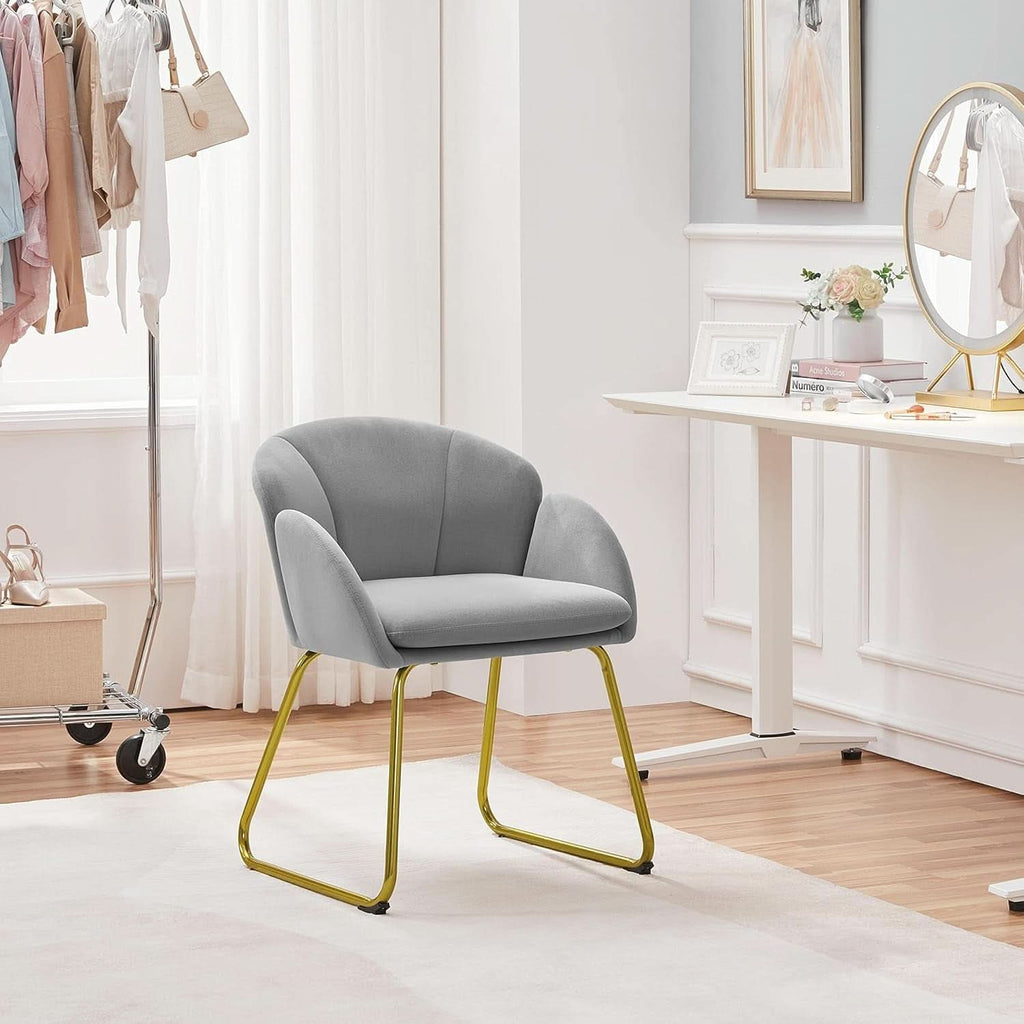 Gray Velvet Flower Shape Vanity Chair With Gold Metal Legs