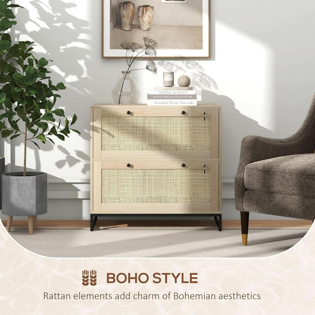 Two Drawer Rattan File Cabinet With Lock, Printer Stand And Adjustable Bars For Letter A4 Legal Files Natural Finish
