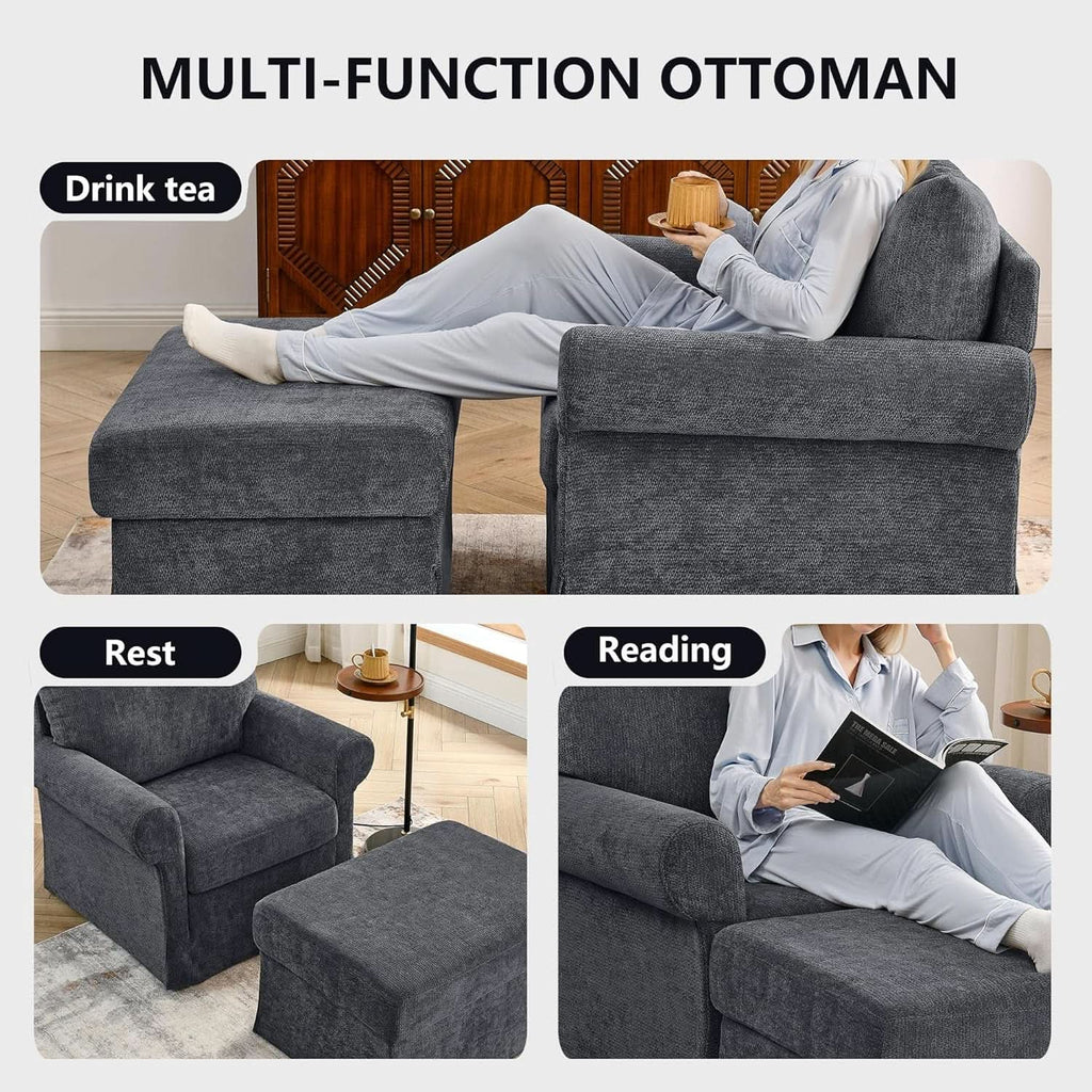 Gray 35 Inch Accent Chair With Ottoman And Chaise Lounge