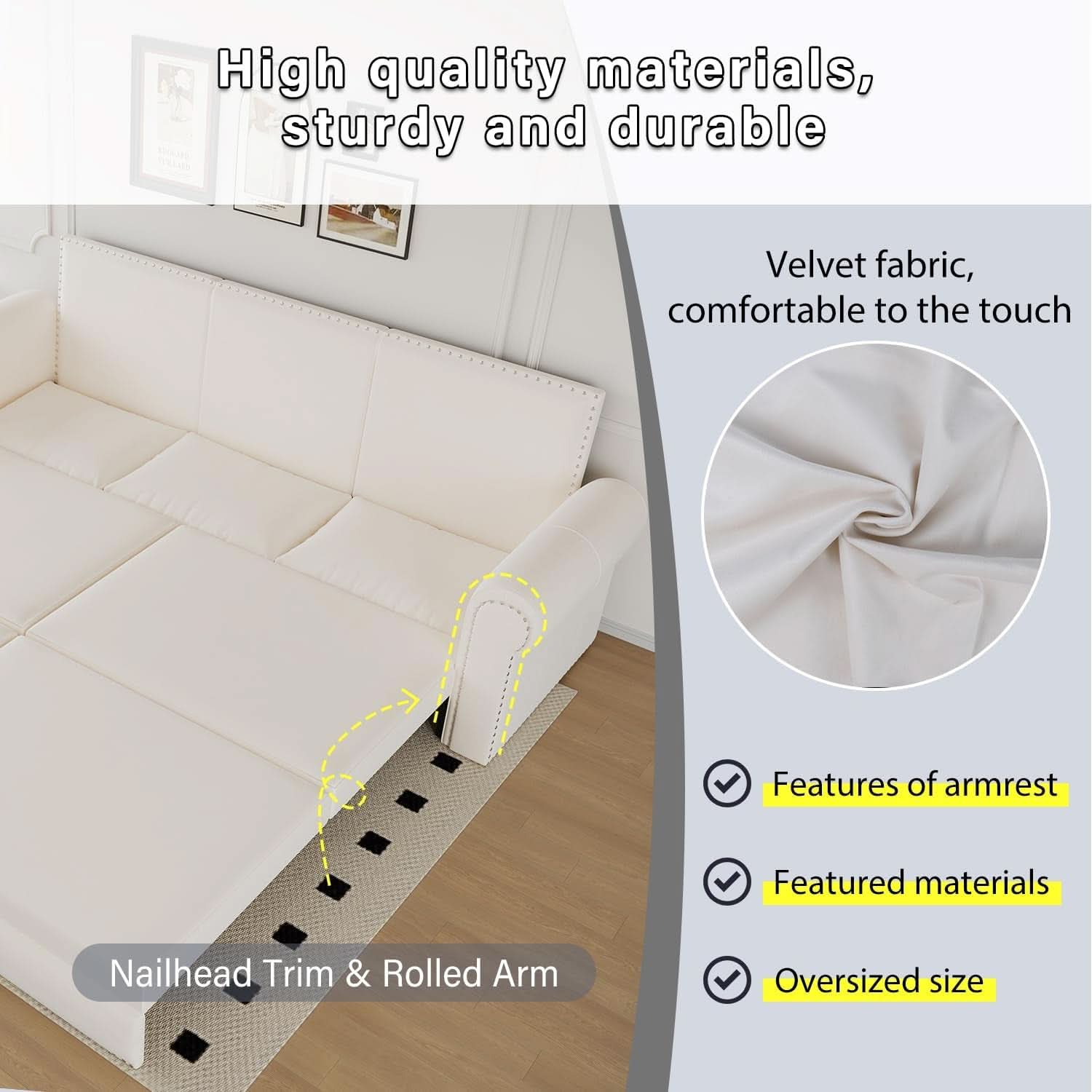 King Size Multifunctional Sleeper Sofa Beige Velvet