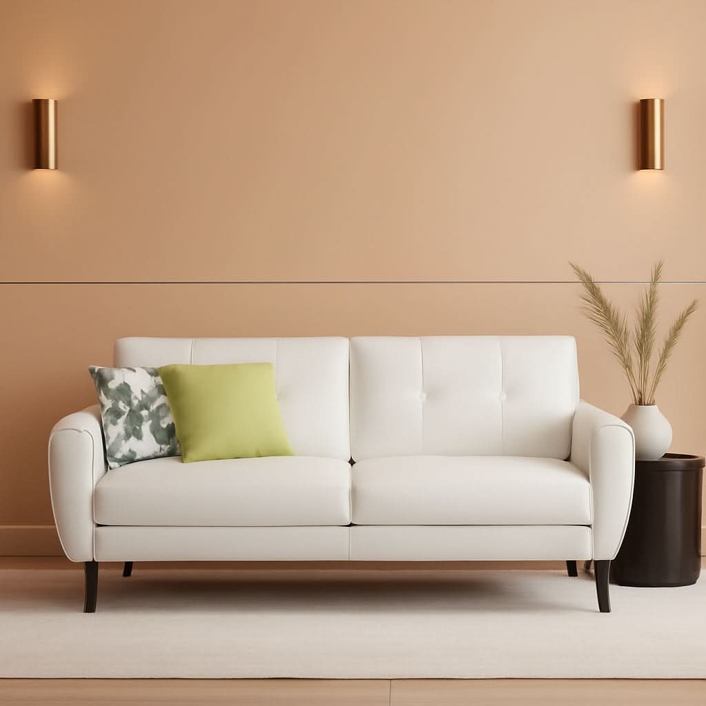 White Leather Loveseat Mid Century Modern Button Tufted