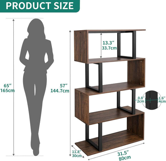 S Shaped 5 Tier Bookshelf Bookcase In Retro Brown Finish