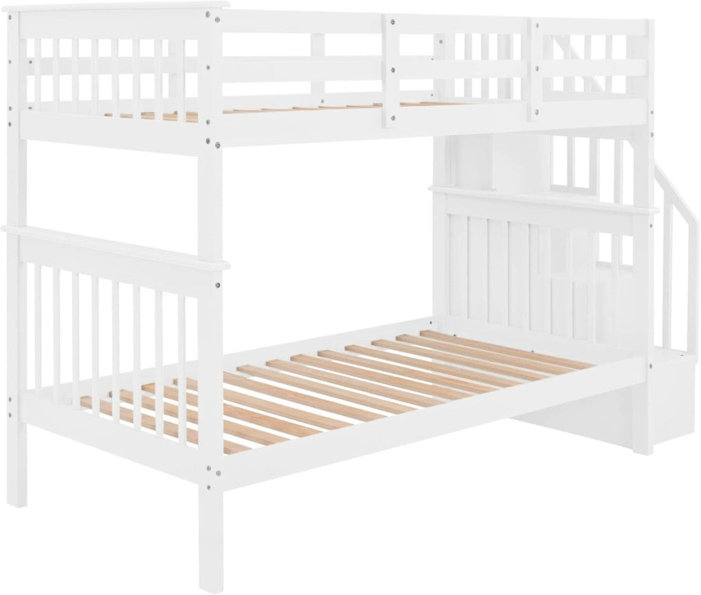 Twin Over Twin Bunk Bed With Stairs Solid Wood White
