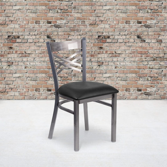Two Pack Hercules Series Clear Coated X Back Metal Restaurant Chair Black Vinyl Seat