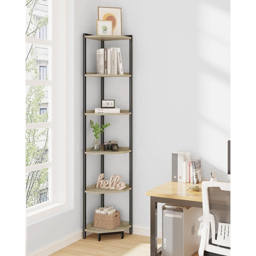 6-Tier Greige Corner Shelf Stand For Living Room And Office