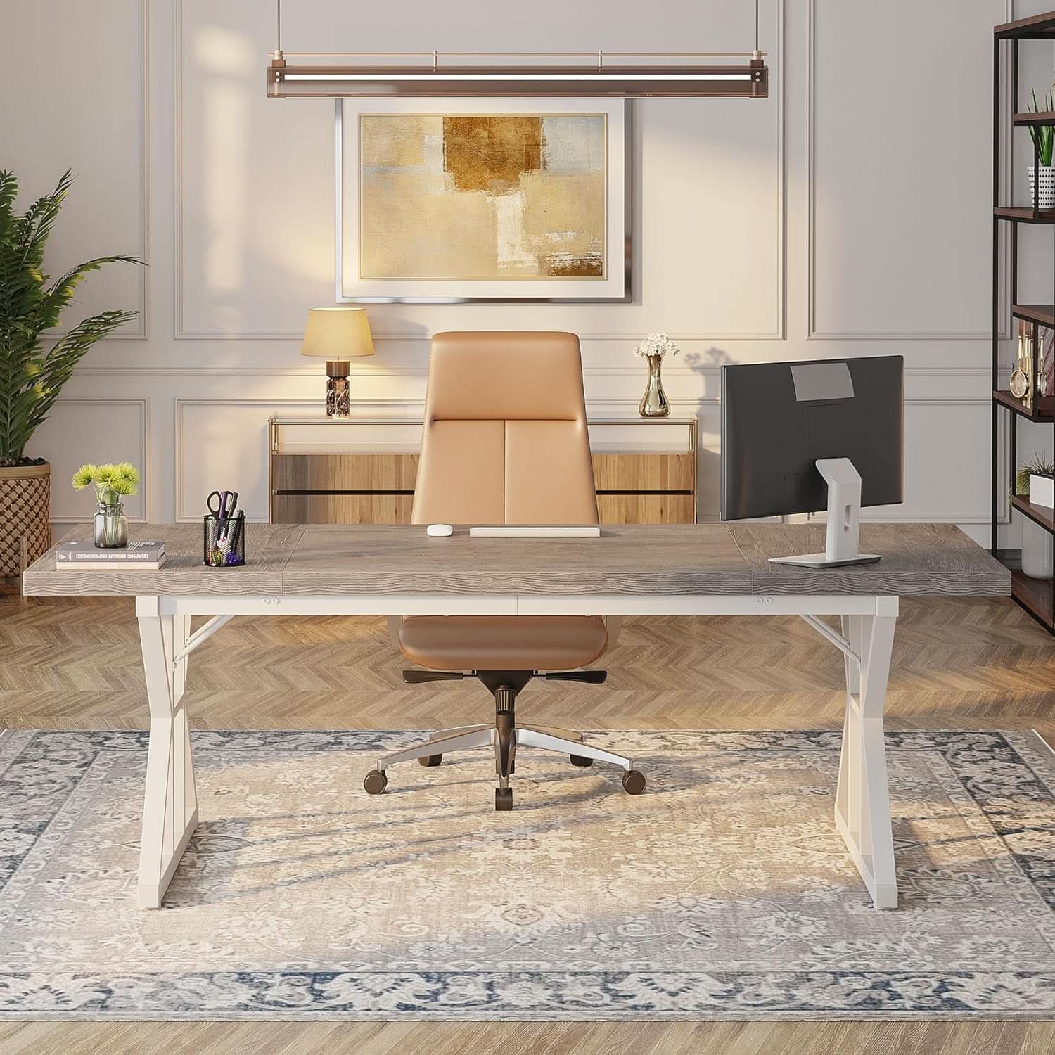 70.8 Inch Grey White Executive Desk Large Home Office