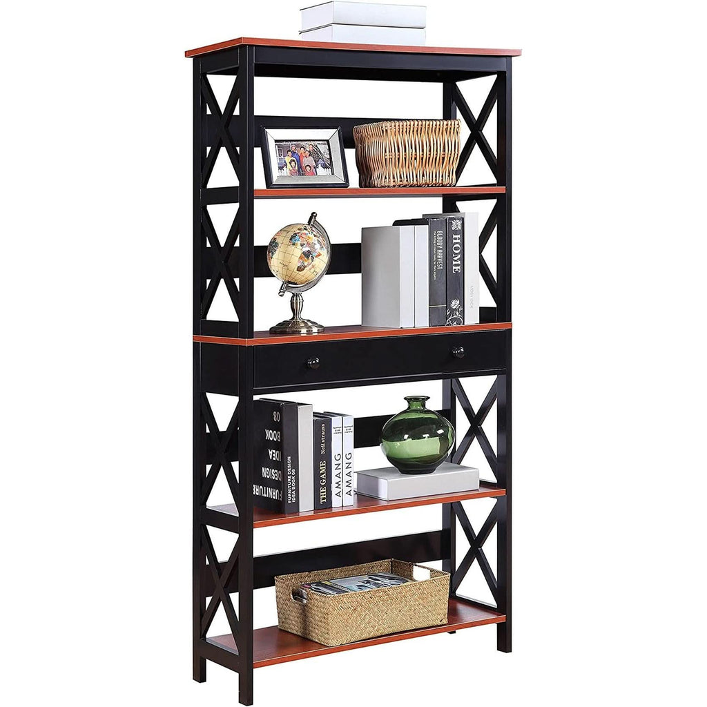 Cherry Black Oxford 5 Tier Bookcase With Drawer Home Office