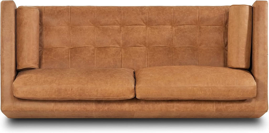 Cognac Tan Leather Mid Century Sofa With Bolsters In Stock