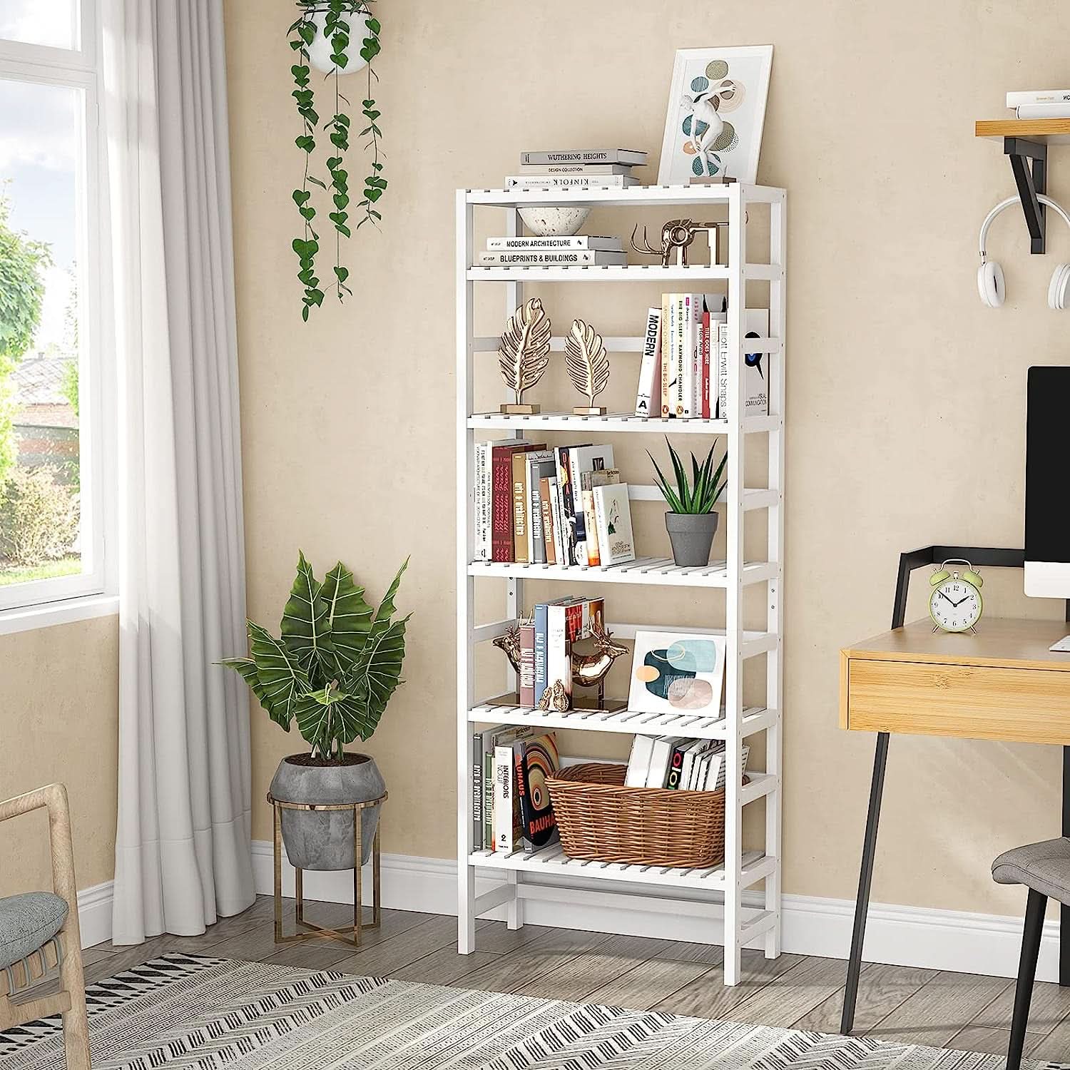 Adjustable 6 Tier Bamboo Bookshelf For Living Room Office Storage