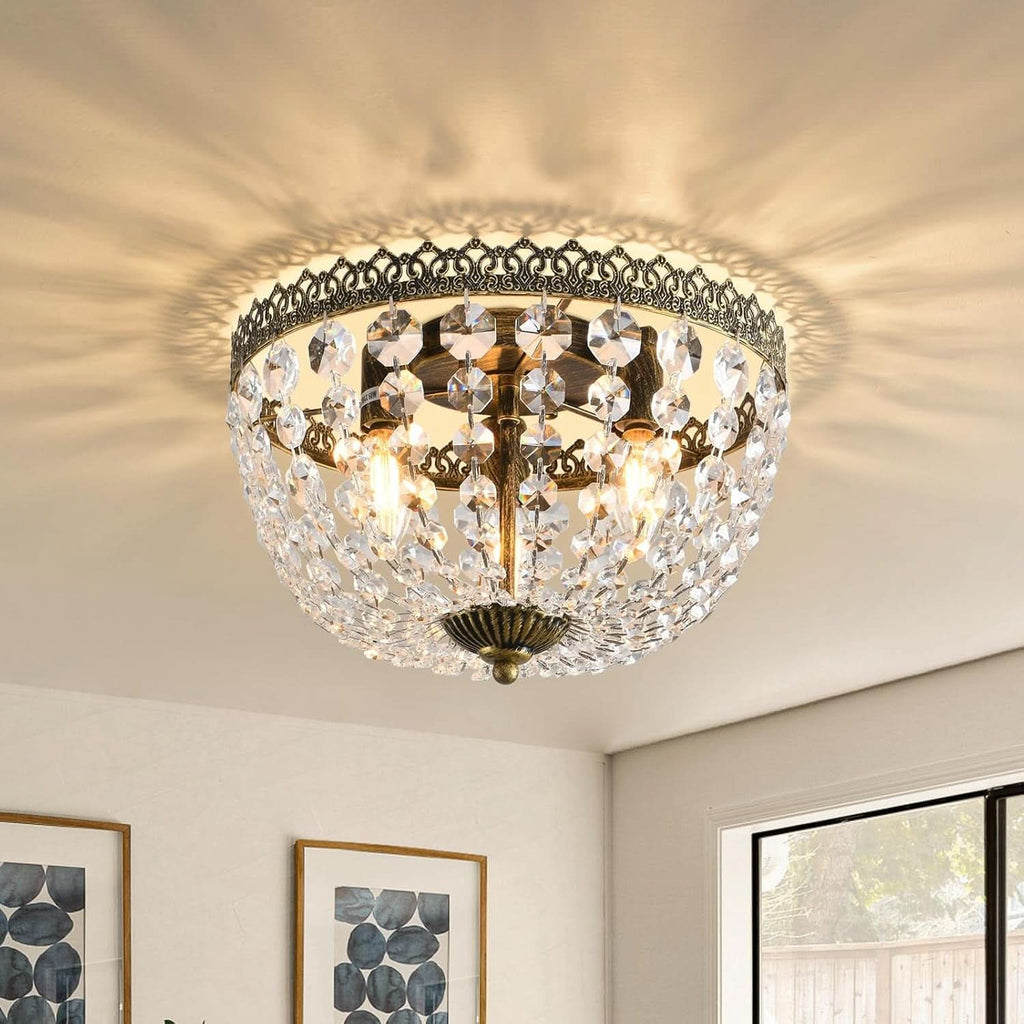 Three Light French Empire Crystal Chandelier Antique Bronze Dimmable Flush Mount