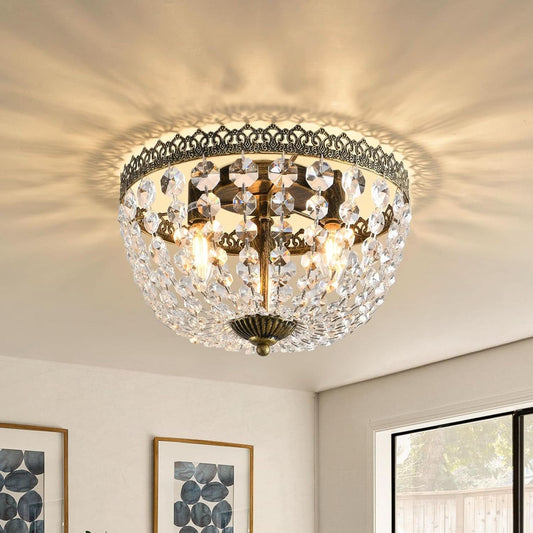 Three Light French Empire Crystal Chandelier Antique Bronze Dimmable Flush Mount