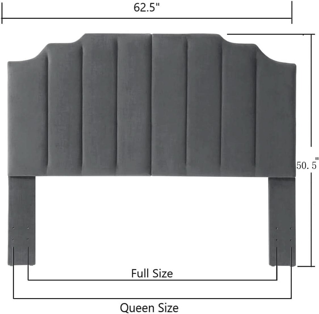 Dark Gray Velvet Tufted Queen Headboard with Curved Design