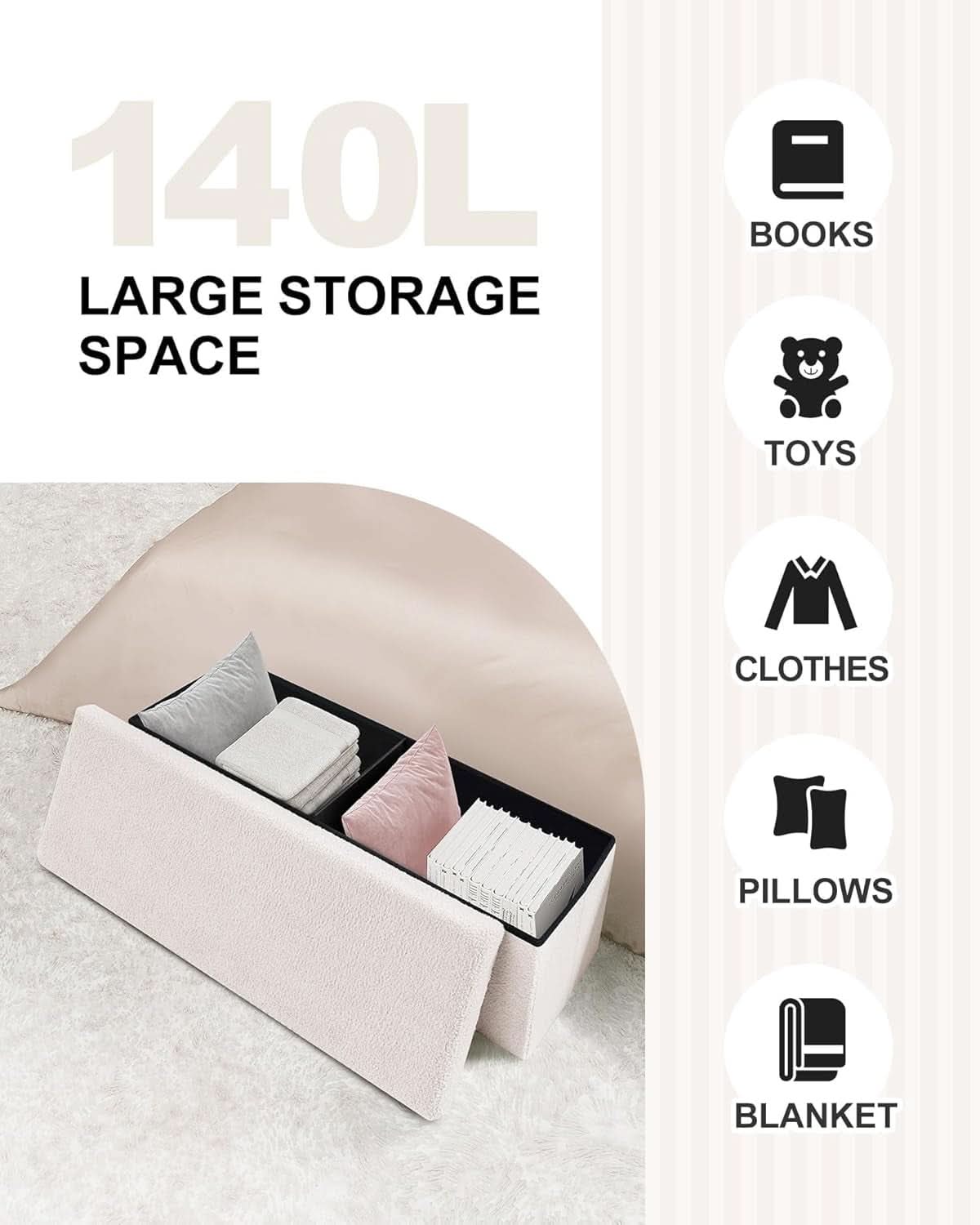 Cream White Faux Fur Storage Ottoman 43.3 Inch Dimensions