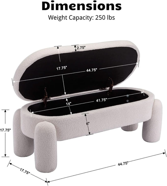 44.7-Inch White Boucle Upholstered Storage Ottoman Bench