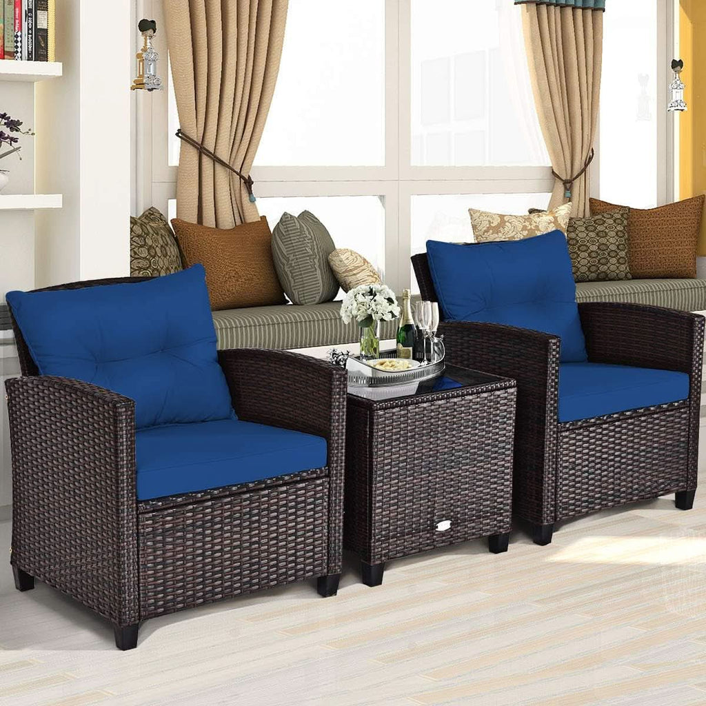 Three Piece Patio Furniture Set With Washable Cushions And Tempered Glass Tabletop Navy Blue