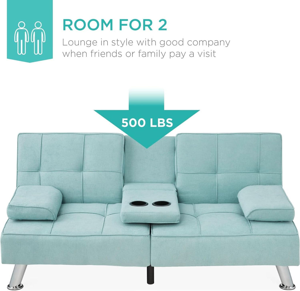 Linen Folding Futon Sofa Bed Aqua With Removable Armrests