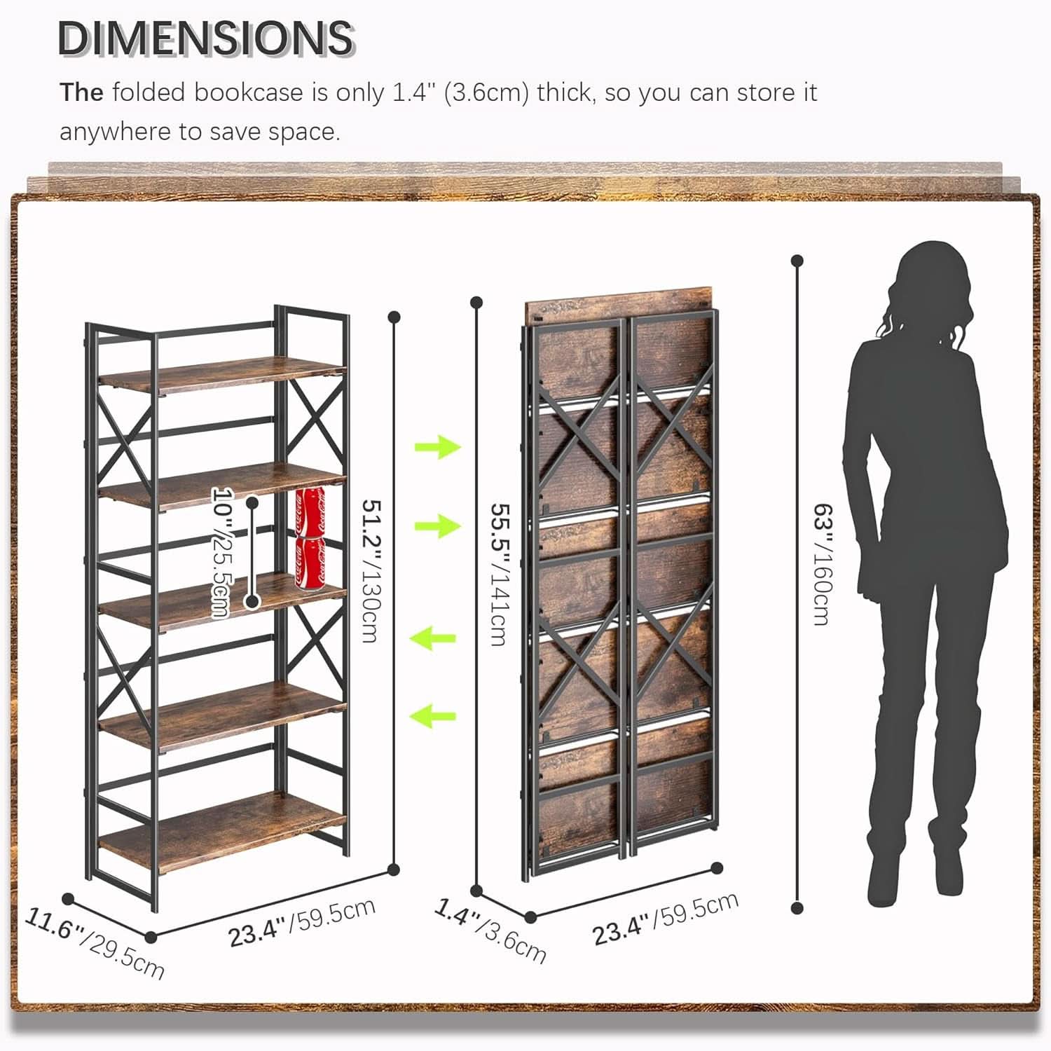 5 Tier Folding Bookshelf No Assembly Rustic Brown Storage
